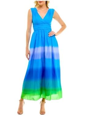 Taylor Sleeveless Ombre V-Neck Maxi Dress in Blue and Green Size M  Tie Dye
